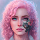 Digital portrait of woman with pink curly hair and blue eyes with robotic hand