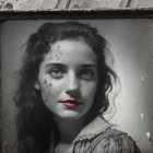 Portrait of woman with blue eyes and dark curls in aged picture frame.