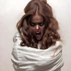 Terrified woman with brown hair in white straitjacket