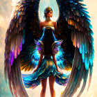 Ethereal figure with angel wings and crescent moon on warm backdrop