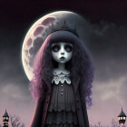 Illustration of gothic girl with red eyes, purple hair, under full moon in black dress.