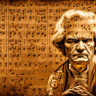 Historical figure with wild hair in sepia tone against musical scores