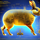 Detailed Rabbit Blueprint Illustration in Glowing Yellow and Blue
