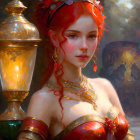 Red-haired woman in floral wreath and gold jewelry, red dress by lamp post