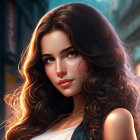 Young woman with long, wavy brown hair in front of city lights.