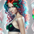 Vibrant digital artwork: Woman with colorful curly hair and black top on swirling background