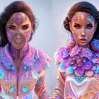 Illustrated women with gem-encrusted masks and ornate shoulder armor on soft background