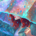 Vibrant red-haired woman with colorful umbrella in dreamy backdrop