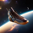 Mechanical futuristic shoe with jet propulsion floating in space