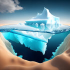 Iceberg and Ice Chunks in Blue Meltwater Pond with Desert Landscape