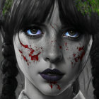 Monochrome portrait of female with striking blue eyes and blood splatters, dark lips, adorned with green