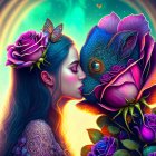 Woman with floral headpiece kissing surreal peacock-rose hybrid creature in colorful aura