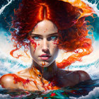 Vivid Illustration: Red-Haired Woman in Ocean Waves