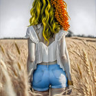 Colorful-haired woman in wheat field with sunflower portrait.