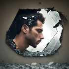 Shattered mirror reflects man's side profile