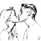 Monochrome high-contrast image of couple kissing on white background