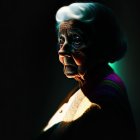 Elderly woman with white hair in split warm and cool lighting