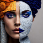 Woman with Vibrant Blue Eye Makeup Partially Covered by Pixelated Fabric