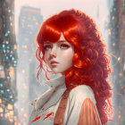 Vibrant red-haired girl in digital art with cityscape backdrop