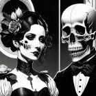 Monochromatic couple in elegant attire with half skull faces, Día de los Muertos theme.