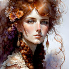 Detailed digital portrait of a woman with auburn curls, green eyes, and freckles