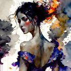 Vibrant watercolor-like woman with black, orange, and blue streaks