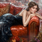 Contemplative woman in dark dress on red sofa with rose petals and sparkling light
