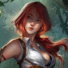 Red-haired woman in medieval armor against enchanted forest.