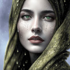 Person with piercing green eyes in starry green shawl with water droplets, snowfall backdrop