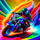 Motorcyclist leaning into turn against vibrant neon backdrop