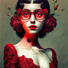 Stylized portrait of a woman with red glasses, lips, and roses