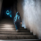 Child in Striped Hoodie Climbs Dark Staircase to Blue Neon Triangle