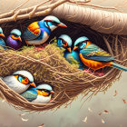 Vibrant birds in woven nest on pipe with floating leaves in warm ambiance