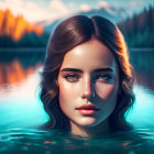 Digital illustration: Woman with wavy hair in water, reflecting forested mountain backdrop