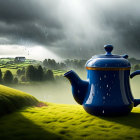 Blue teapot on lush green hills under dramatic rainy sky