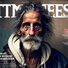 Elderly man with wrinkles and piercing blue eyes on magazine cover