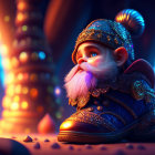 Fantasy-themed illustration of a bearded gnome in gem-studded purple attire surrounded by magical treasures.