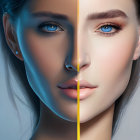 Split portrait showcasing contrast in woman's face with detailed blue eyes.