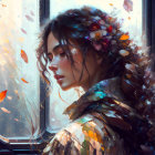 Woman with autumn leaves in hair looking out window with falling sunlight leaves