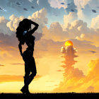 Person's silhouette against vibrant sunset with futuristic rocket-like structure.