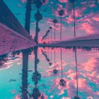 Pink-leaved trees on snowy cliffs above turquoise river under dramatic sky