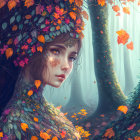 Mystical woman in autumn forest with leaves in hair and cloak