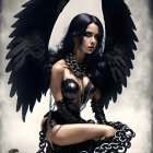 Illustration of woman with dark angel wings and chains in black outfit