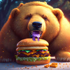 Stylized animated bear drooling over giant hamburger in enchanted forest