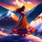 Woman in orange and purple traditional attire spins on snowy ledge with sunlit mountains.