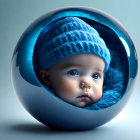 Infant in blue knitted hat inside reflective bubble