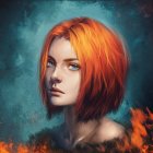 Digital artwork featuring woman with red hair and blue eyes in mystical setting.