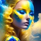 Vibrant blue and yellow makeup on woman with golden curly hair against cloudy sky.