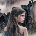 Young girl with long hair in front of smoky castle ruins