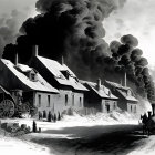 Monochrome industrial scene with smokestacks, locomotive, buildings, and period attire people